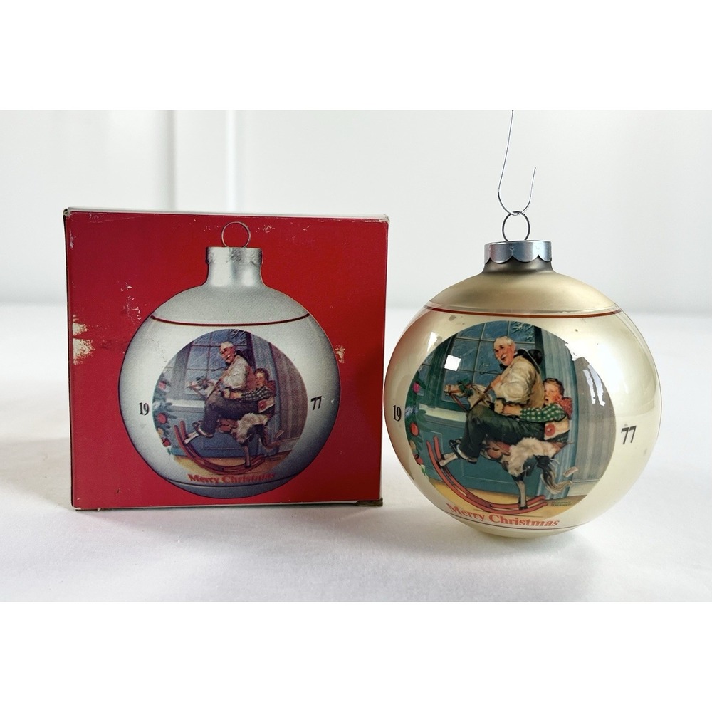Vintage 1977 Norman Rockwell Christmas Ornament Grandpa Rocking Horse Box 3rd